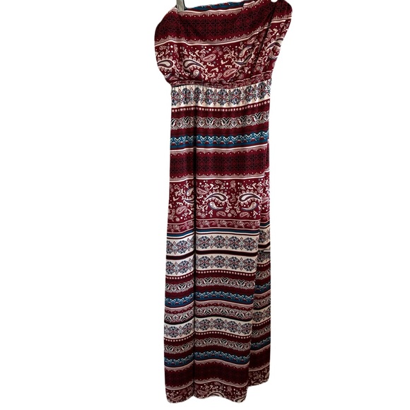 ARDENE Boho Strapless Maxi Tube Dress Sz L Wine Blue White Festival Tribal Aztec - Picture 4 of 9